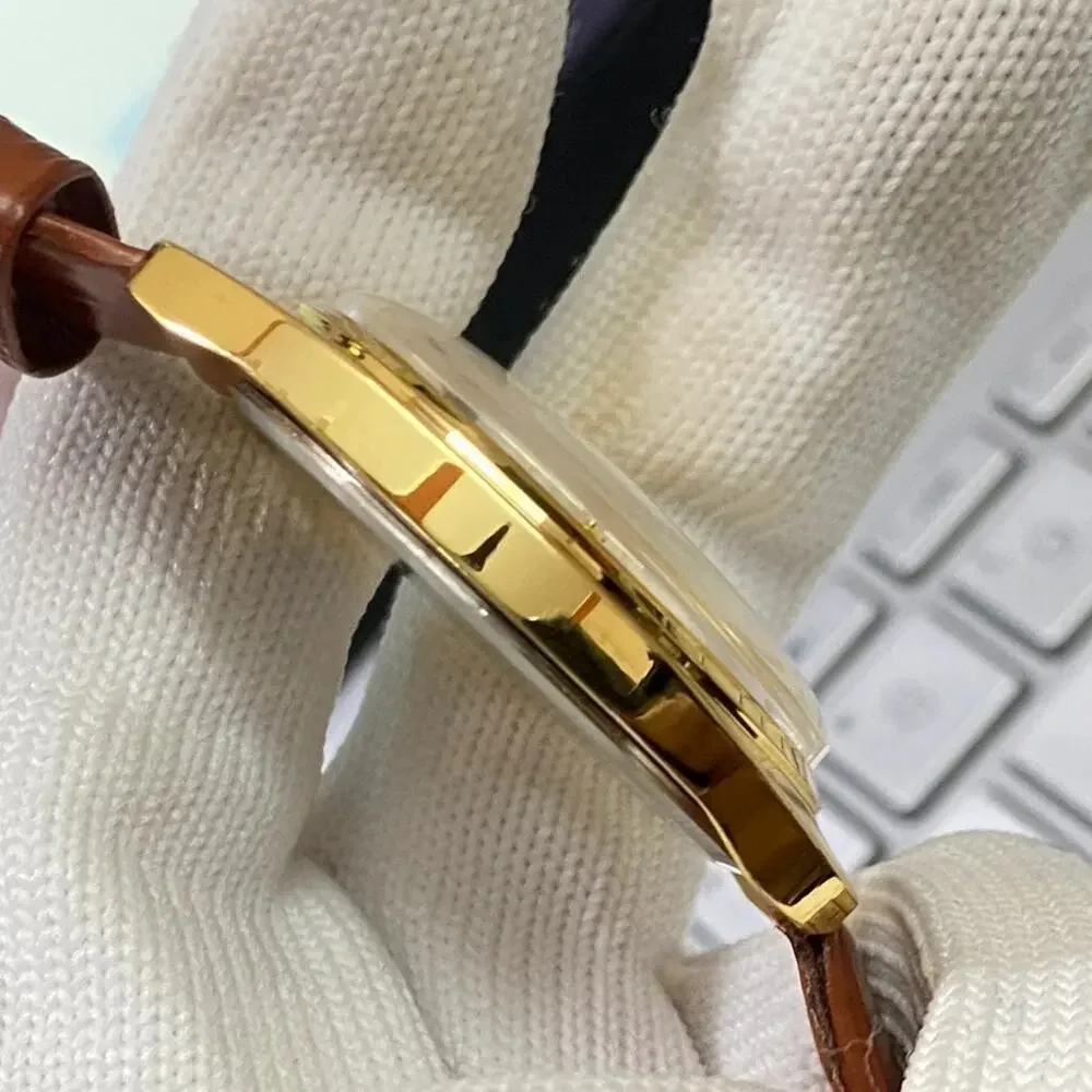 Vintage 1985 Roamer Manual Mens Gold Watch W/Leather Strap & Silver accents
